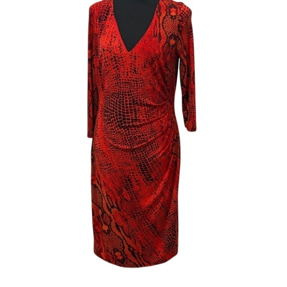 Anne Klein Red Black Snakeskin Print Ruched V-Neck Sexy Siren Dress Size 10